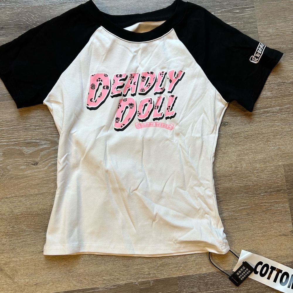 Chrome White & Black "Deadly Doll" Tee with Pink Graphic L